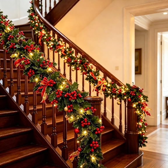 Pre-Lit Christmas Garlands with Holly Berry Vine ,6FT Artificial Xmas Berry Holly Leaves Garland with Lights Pinecone Faux Greenery Garlands Winter Snowy Red Berries Rattan