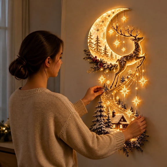 Pre Lit Christmas Iron Wall Hanging Light 2D Flat Metal Wall Decor with Winter Forest Reindeer and Cottage for Home Wall