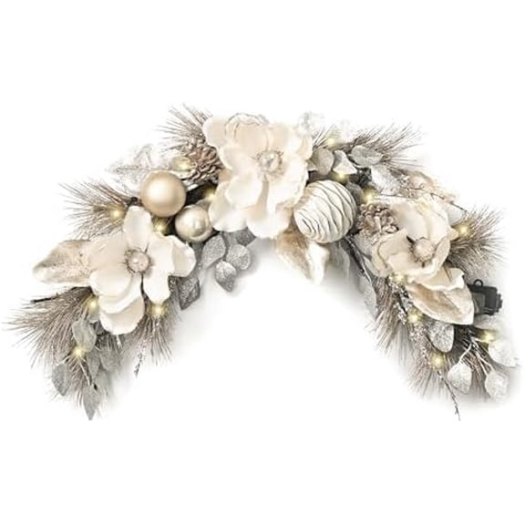 Pre-Lit Christmas Swag Outdoor, 24 Inch Mailbox Christmas Decorations Swag Teardrop for Front Door Stairs Railing Window Xmas Decor with 20 LED Lights Champagne Gold Ball Ornament