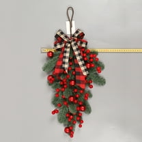 Pre-Lit Christmas Swag Wreath,Burlap Plaid Bow Red Berries Cordless Prelit Stairway Swag Trim, Wall Hanging LED Garland Battery-Powered Front Door Window Winter Holiday Christmas Decoration
