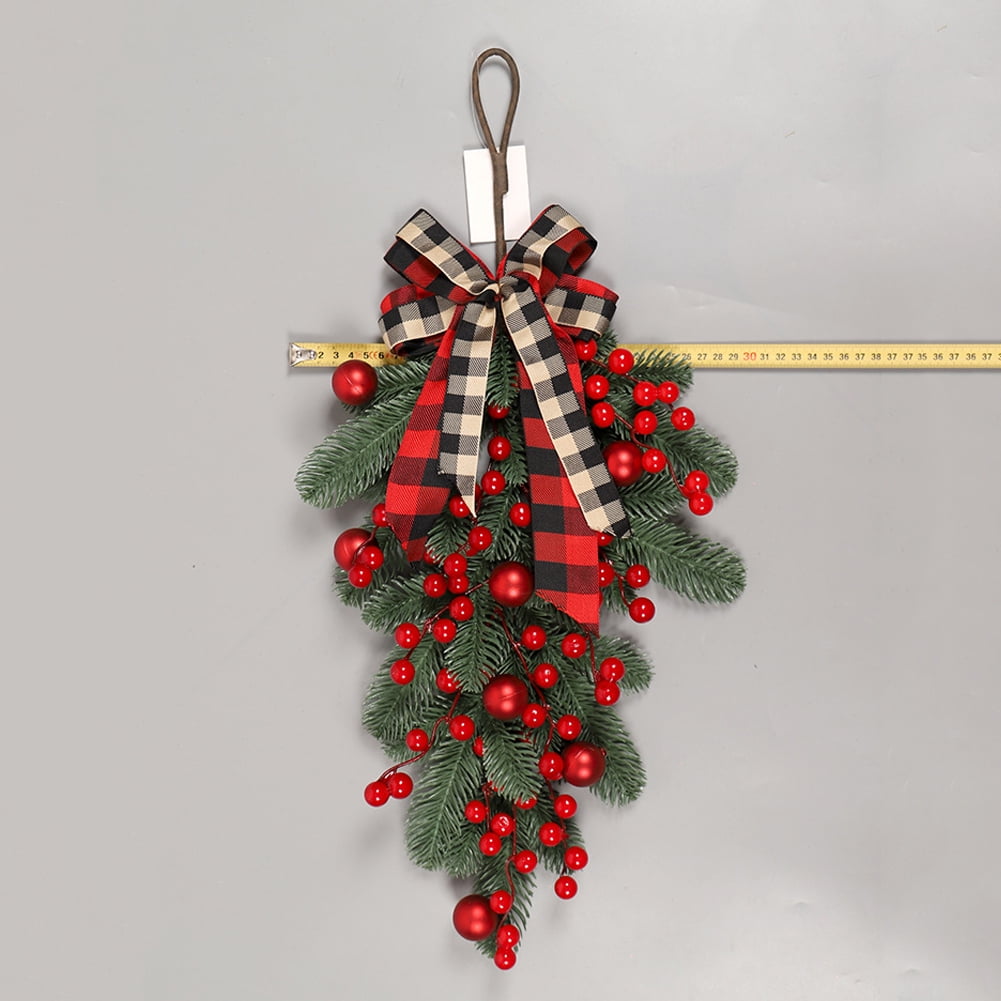 Pre-Lit Christmas Swag Wreath,Burlap Plaid Bow Red Berries Cordless ...