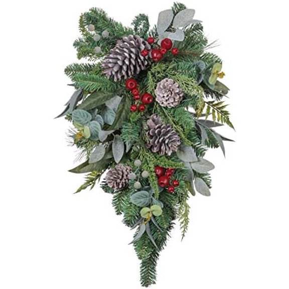 Pre-Lit Christmas Teardrop Swag for Decorating Outdoor, 24 Inch Artificial Red Mailbox Swag Decoration with 20 LED Lights, Ball Ornament for Front Door Stairway Window Shelf Xmas Decor