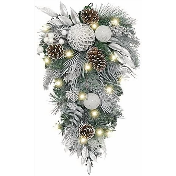 Pre-Lit Christmas Teardrop Swag for Decorating Outdoor, 24 Inch Sliver White Mailbox Swag Decoration with 20 LED Lights, Ball Ornaments for Front Door Stairway Window Shelf Xmas Decor