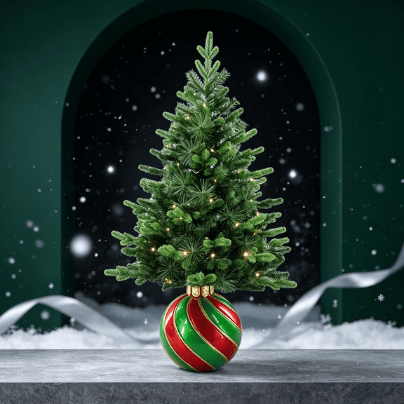 Pre Lit Christmas Topiary 31.5in Artificial Pine Tree Red Green Swirl Ball Base Decoration for Porch Entrance Living Room Accent