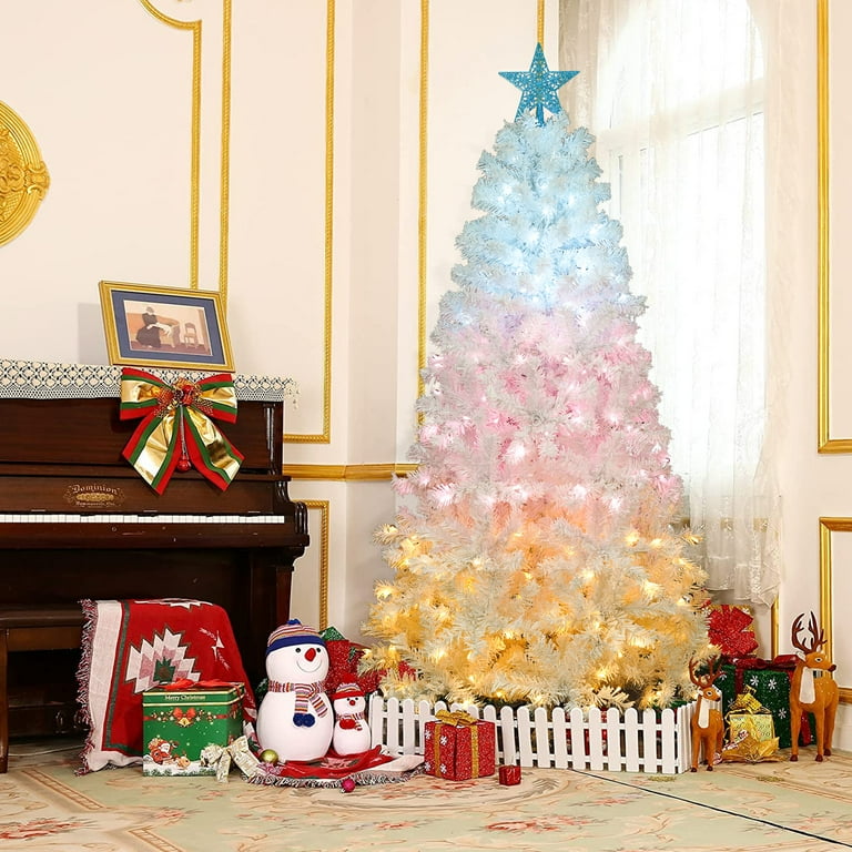 Pre Lit Christmas Tree 6FT White Artificial Trees with 300 Tri color Lights Artificial Lighted Xmas Pine Trees with Star Top for Home Holiday Decor