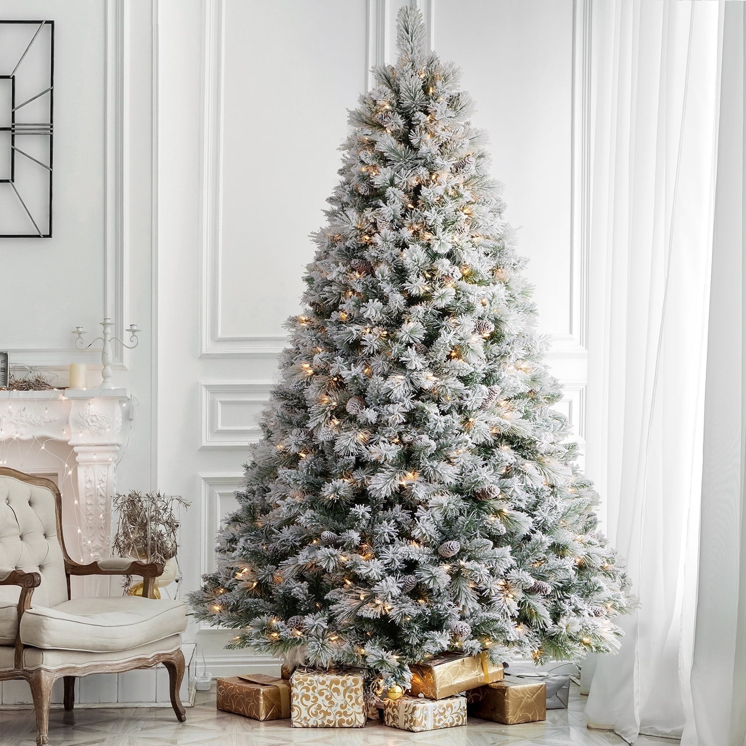 AMERZEST 6ft Pre-Lit Snow Flocked Christmas Tree, Artificial Spruce ...