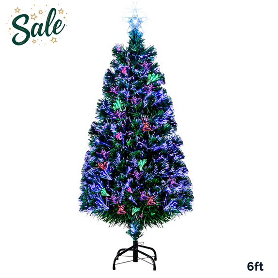Pre-Lit Christmas Tree with 7-Lighting Color Changing Mode, 6FT Artificial Xmas Tree w/ Lifelike PVC & Fiber Optic Branches, Star Topper, Iron Stand, Easy Assembly (Green)