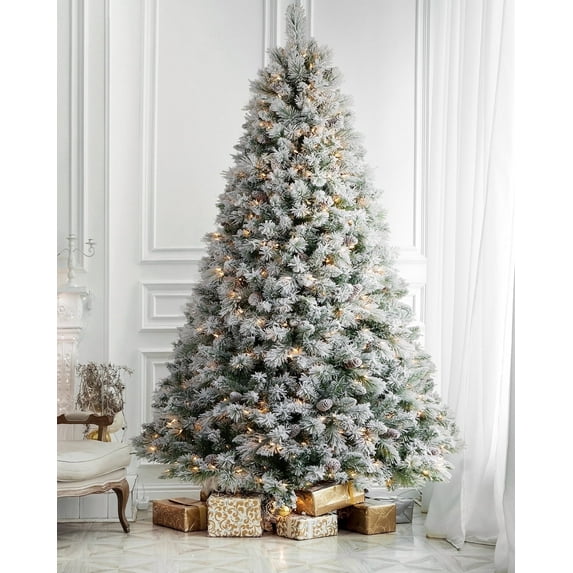 Pre-Lit Christmas Tree 9ft Snow Flocked, Artificial Spruce, 700 Clear Lights,Feel Real Hinged Xmas Trees