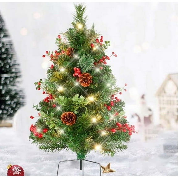 Pre Lit Christmas Tree,Outdoor Christmas Tree,Battery Operated Artificial Xmas Trees with LED Lights, Red Berries, Pine Cones, Red Ball Ornaments for Porch, Driveway,Yard,Garden Decor