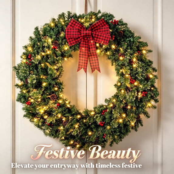 Pre-Lit Christmas Wreath, 48 Inch Crestwood Spruce with 150 Warm White ...