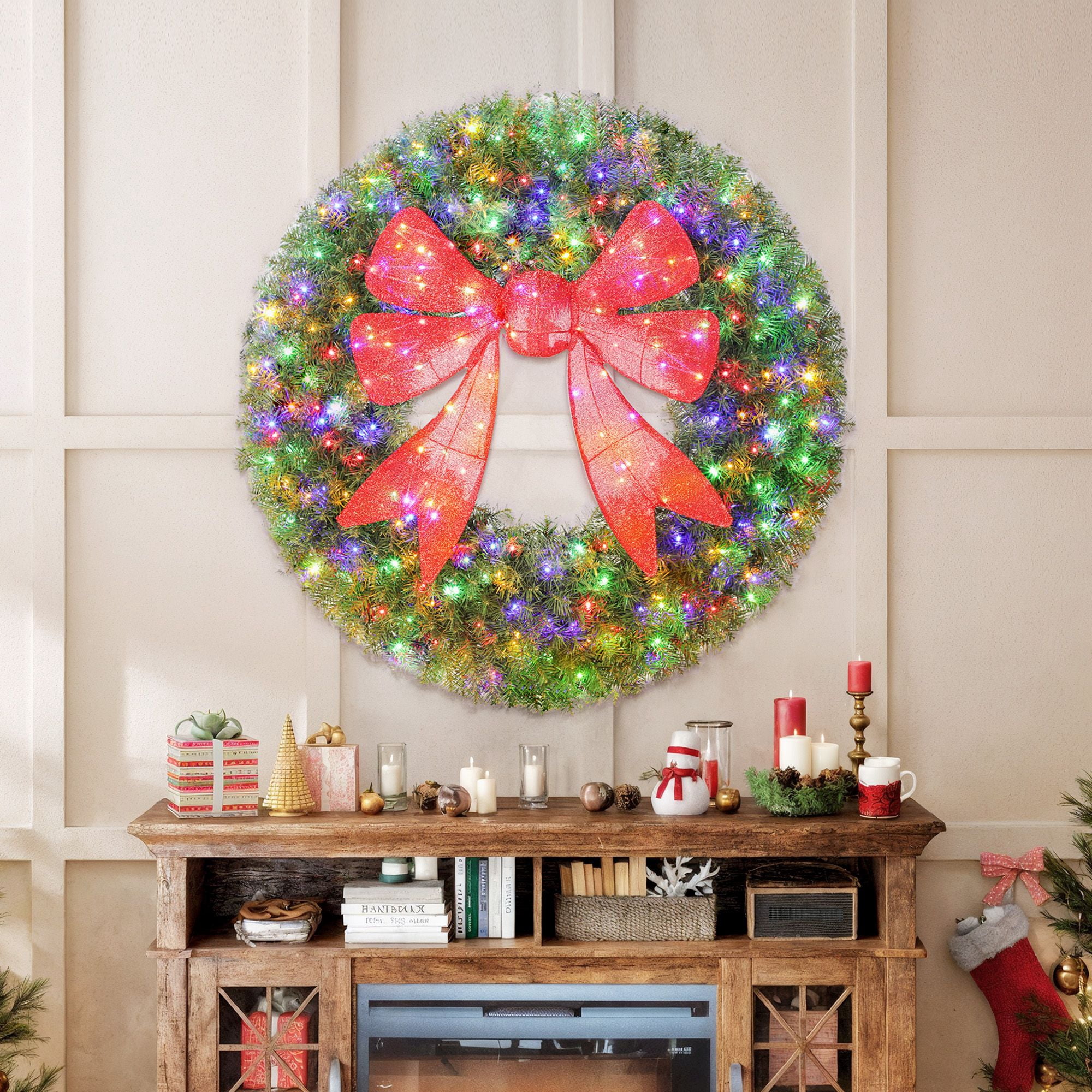 Pre-Lit Christmas Wreath, 60-Inch Front Door Wreath with 3D Bow, 300 LED Lights, 11 Lighting Modes, Remote Control, Indoor Outdoor Holiday Decoration