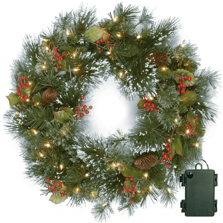 Pre Lit Christmas Wreath for Front Door 24inch Battery Operated Lighted Christmas Wreath Christmas Outdoor Wreaths for Window Wall Christmas