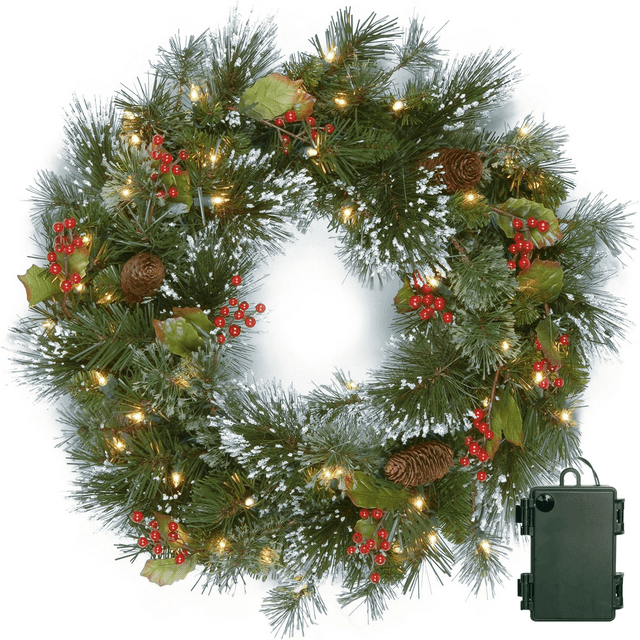PreLit Christmas Wreath for Front Door,24inch Battery Operated Lighted