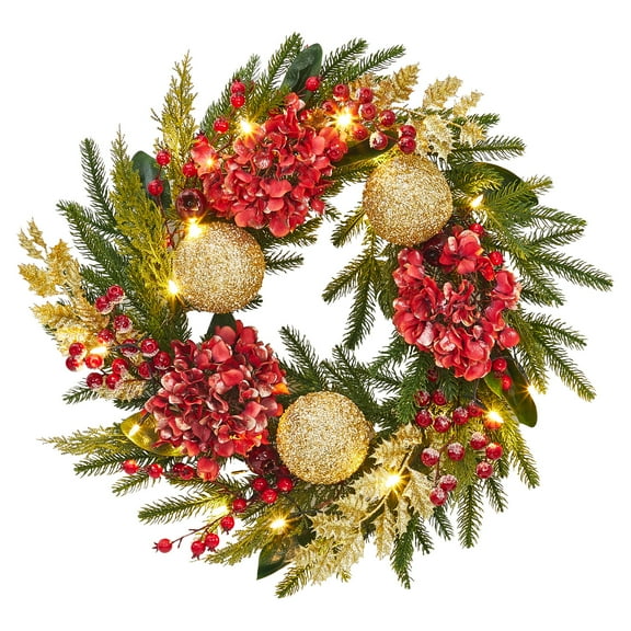 Pre-Lit Christmas Wreath for Front Door with Lights,Lighted Christmas Wreath Gold Red Xmas Ball for Fireplace Window Outdoor Table Centerpiece Holiday Decoration