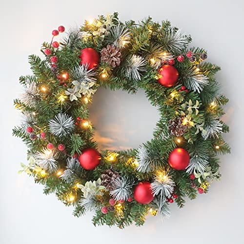 Pre-Lit 20" Green and Red Artificial Christmas Wreath with Pine Cones and Berries