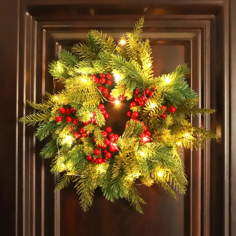 Pre-Lit Indoor/Outdoor Christmas Wreath for Front Door with Warm White ...
