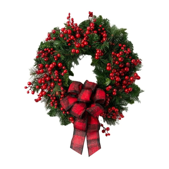 Pre-Lit Christmas Wreath with Red Berries – Front Door Holiday Decoration with Red Checkered Bow, LED Lights, 13.8in