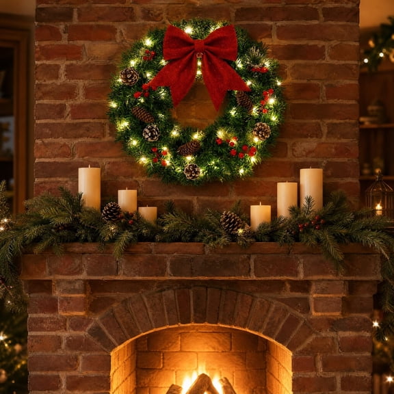 Pre-Lit Christmas Wreath with Red Bow Pinecone Berry, Lighted Artificial Wreath for Front Door Fireplace Wall Holiday Decor