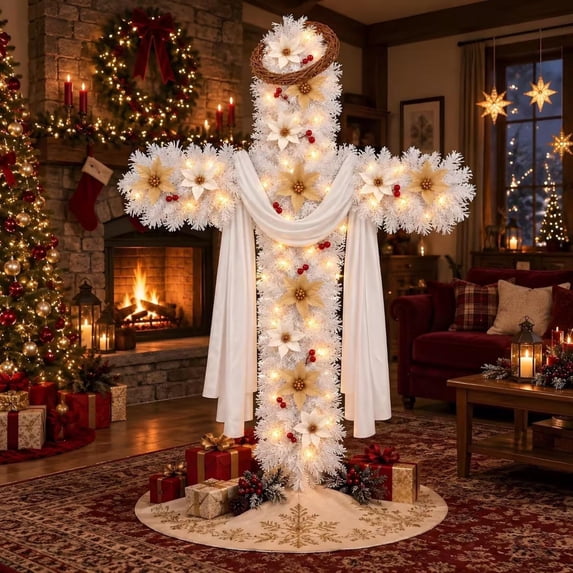 Pre-Lit Cross Shaped Christmas Tree, White Religious Christmas Tree ...