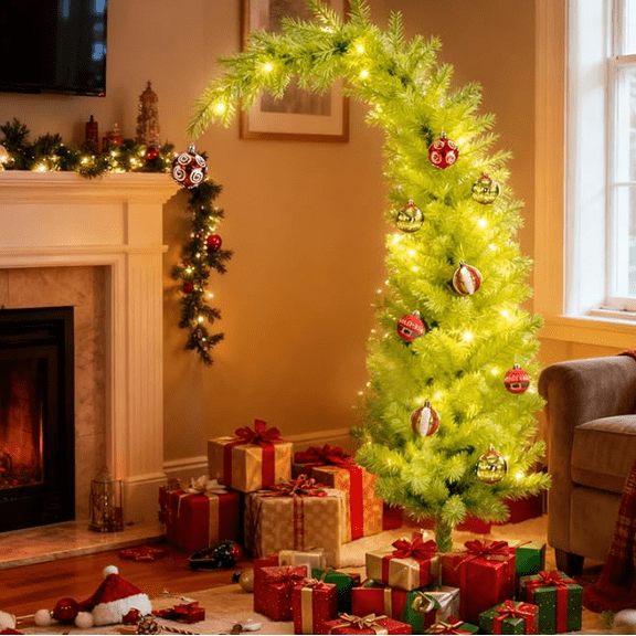 Pre-Lit Curved Artificial Christmas Tree, Bent Top Lime Green Faux Pine Holiday Tree with Warm Lights, Freestanding Whimsical Evergreen for Indoor Xmas Party Home Decor