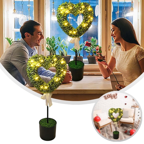 Pre-Lit Double Heart Boxwood Topiary With White Bow & Warm Led Lights All-Weather Potted Greenery Valentine'S Day Entryway Statement Decor(Green-27.5In)#0653