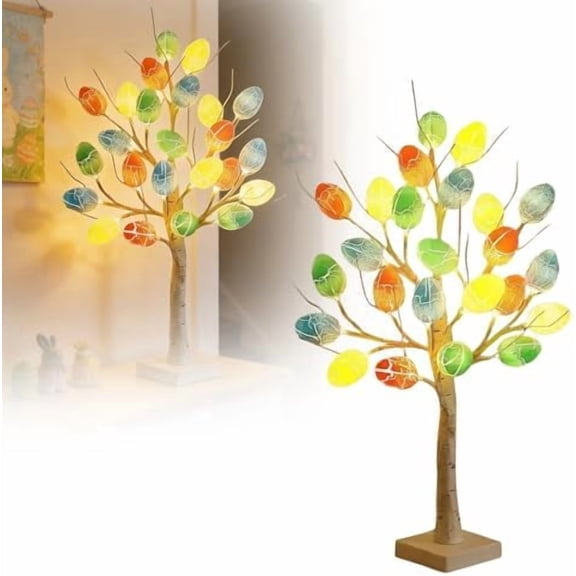 Pre-Lit Easter Egg Tree with 24 Eggs And Warm LED, Tabletop Centerpiece for Home, Kids Room, Office