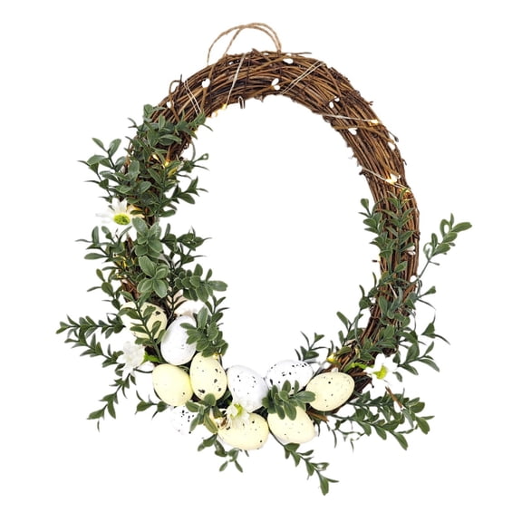 Pre-Lit Easter Wreath for Front Door,Unique Egg Shaped Spring Wreath Decoration with Pastel Eggs & Leaves,Artificial Farmhouse Indoor Outdoor Wall Window Decor,Pre-lit Spring Door Wreath,11.8"x9.8"