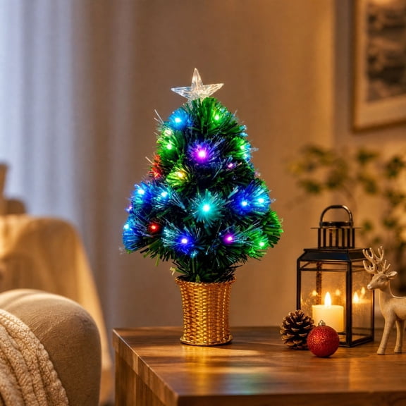 Pre-Lit Fiber Optic Tabletop Christmas Tree, Small Artificial Desktop Christmas Tree With Star Topper & Decor Base for Home Office Countertop Holiday Indoor Decor,17.72*9.84 in,A