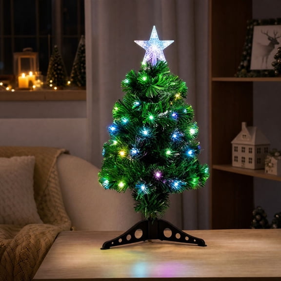 Pre-Lit Fiber Optic Tabletop Christmas Tree, Small Artificial Desktop Christmas Tree With Star Topper & Decor Base for Home Office Countertop Holiday Indoor Decor,23.62*13.78in,B