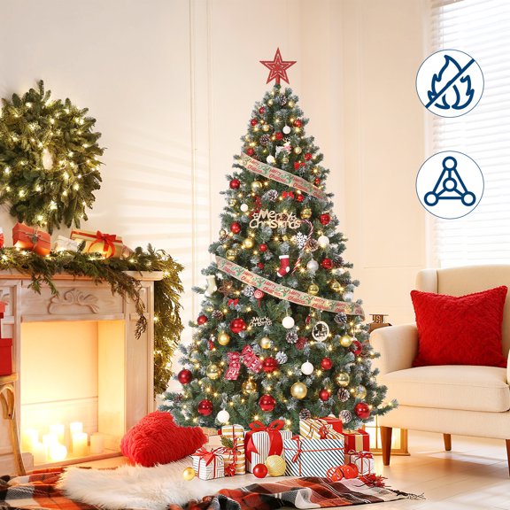 Pre-Lit Flocked Artificial Christmas Tree with Pine Cones, Pre-Decorated Holiday Christmas Tree for Home, Office, Party Decoration, 450 PVC Branch Tips, Partially Flocked Design, Pine Cones