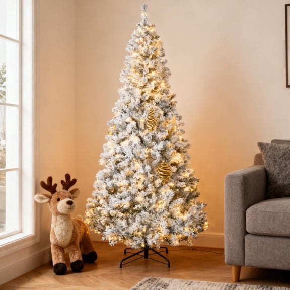 Pre-Lit Flocked Artificial Christmas Tree with Snow Frosted Branches, Warm White LED Lights, Auto Open