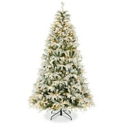 Pre-Lit Flocked Cedar Cypress Christmas Tree w/Twinkling Lights, 6ft Artificial Holiday Decor, White & Multicolored LEDs