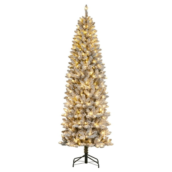 Pre-Lit Flocked Pencil Slim Artificial Christmas Tree - Full Warm White LED Lights, Foldable Base Easy Assembly for Home Holiday Decor