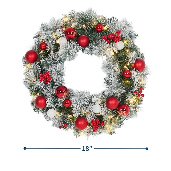 Pre-Lit Flocked Snowy Christmas Wreath, Artificial Pine - Warm White LED Lights (Battery Operated) - Pine Cones, Red & Gold Ornaments, Red Bow - Indoor/Outdoor Front Door Mantel Wall Decor - 45cm