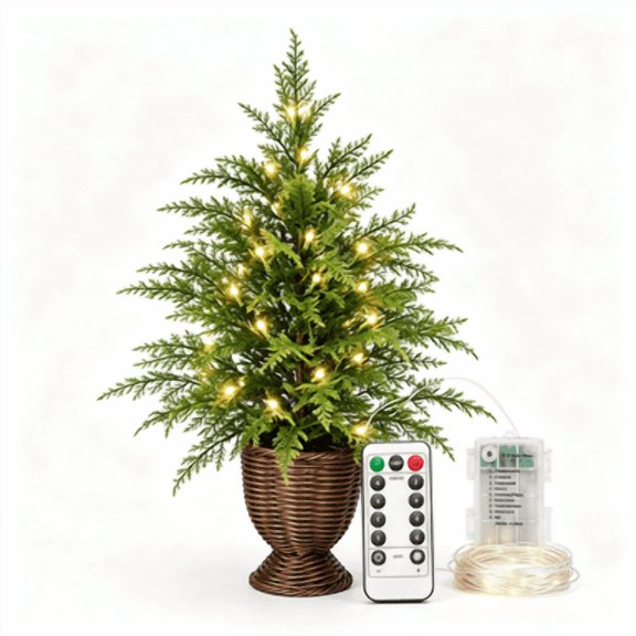 Pre-Lit Green Cypress Artificial Christmas Potted Tree with Warm White 100 Twinkle LED Lights, Flame Retardant, 23.62"
