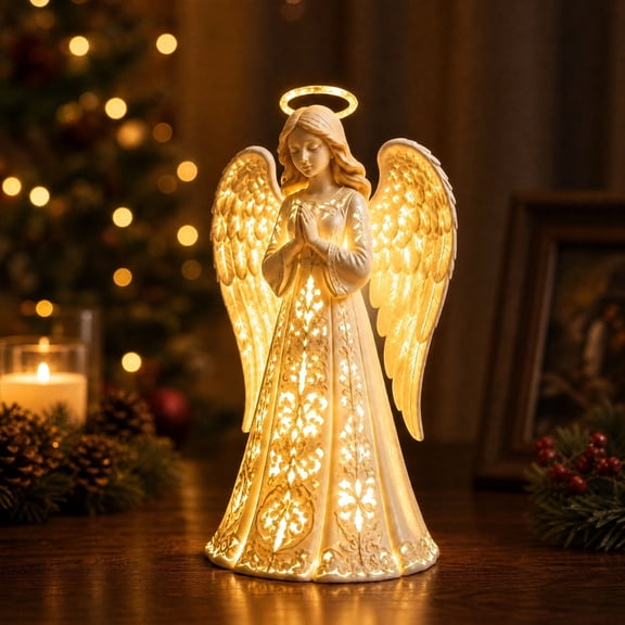 Pre-Lit Guardian Angel Figurines with Golden Wings - Christmas Collectible Angel Decorations for Home Ornament, Gifts for Mom & Grandma - 6''H