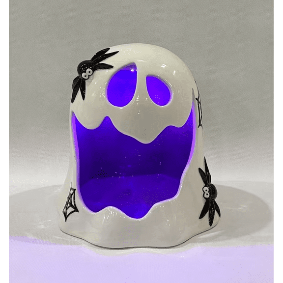 Pre-Lit Halloween Ghost Candy Bowl, Glowing Purple LED Resin Treat Storage Vessel with Spider Web Accents for Indoor Spooky Season Tabletop Decoration