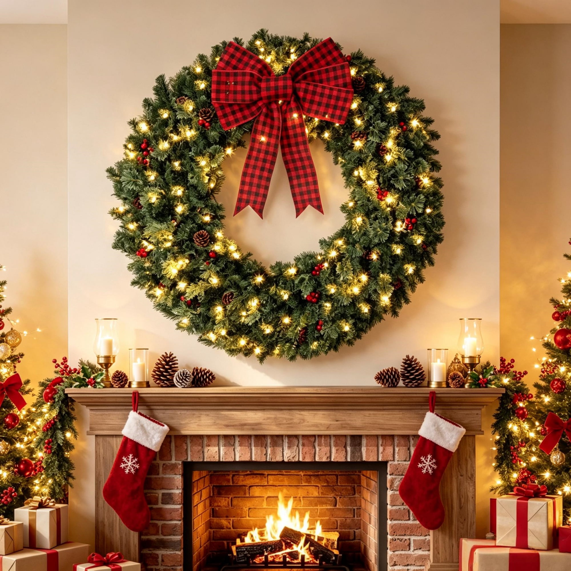 Pre-Lit Holiday Wreath with 150 Warm White LED Lights, 8 Lighting Modes, 48 in Diameter, PVC Tips and Steel Frame, Red Berries, Pinecones and Buffalo Plaid Bow for Front Door and Mantel