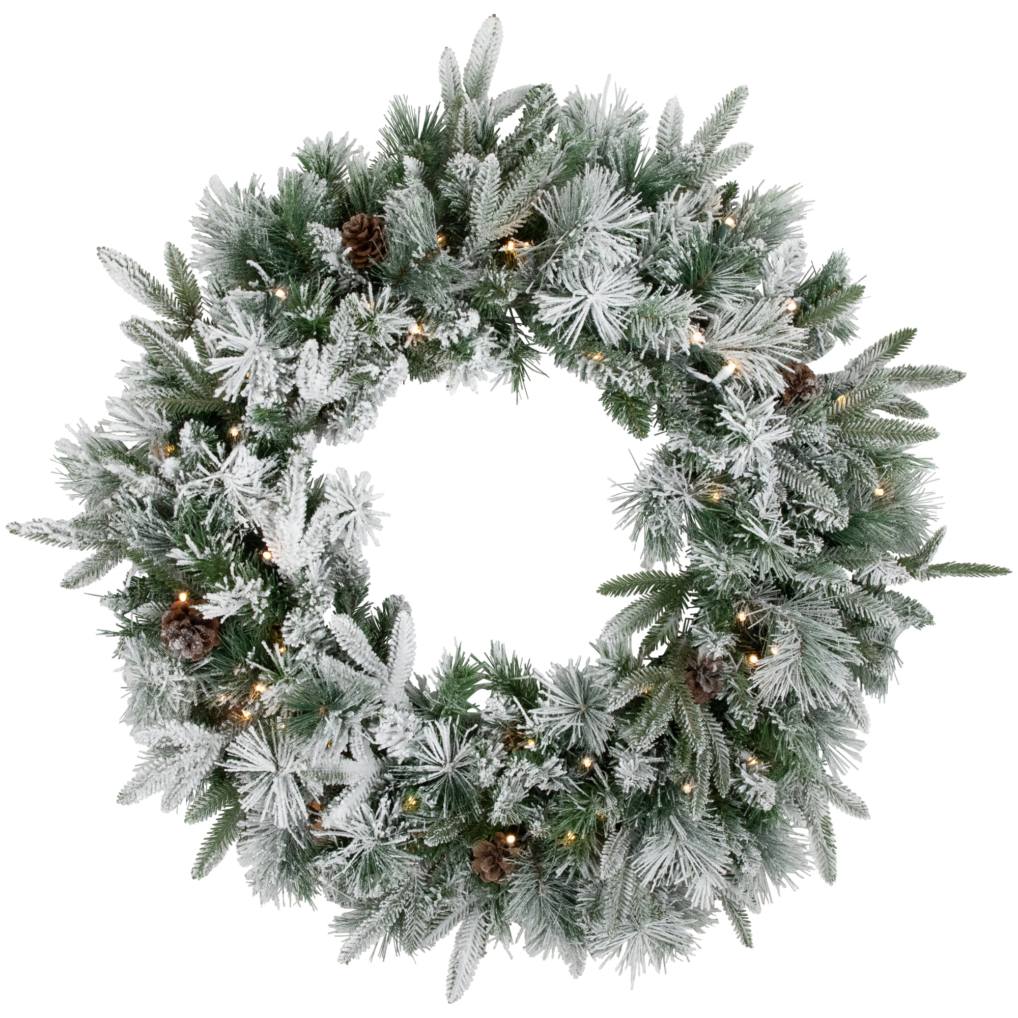Pre-Lit LED Flocked Mixed Rose Mary Emerald Angel Pine Artificial Christmas Wreath - 30-Inch Clear Lights