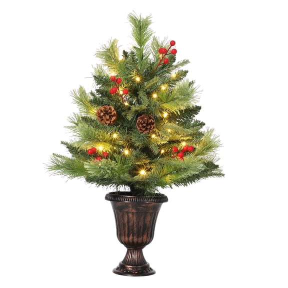 Pre-Lit Mini Artificial Christmas Tree for Tabletop – 2ft Height, 40 Warm LED Lights, Decorated with Pine Cones & Red Berries – Small Xmas Tree for Home, Indoor Outdoor Holiday Decor – 2ft 40 Lights