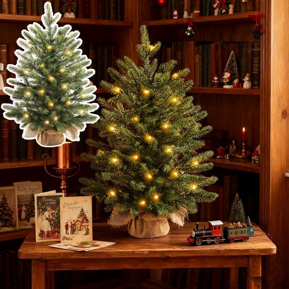 Pre-Lit Mini Artificial Christmas Tree with LED Lights and Burlap Base for Xmas Home Office Tabletop, Small Lighted Tree for Holiday Party Decoration