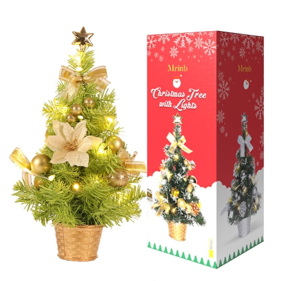 Pre-Lit Mini Christmas Tree, 18" Tabletop Xmas Tree with LED Lights Artificial Christmas Pine Trees with Ornaments, Christmas Holidays Tabletop Desk Decorations