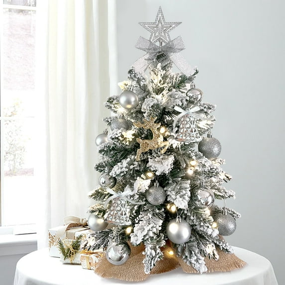Pre-Lit Mini Christmas Tree 24'' Tabletop Christmas Tree with LED Lights and Hanging Ornaments Small Flocked Snow Xmas Tree for Table Top Home Office Holiday Decoration, Silver