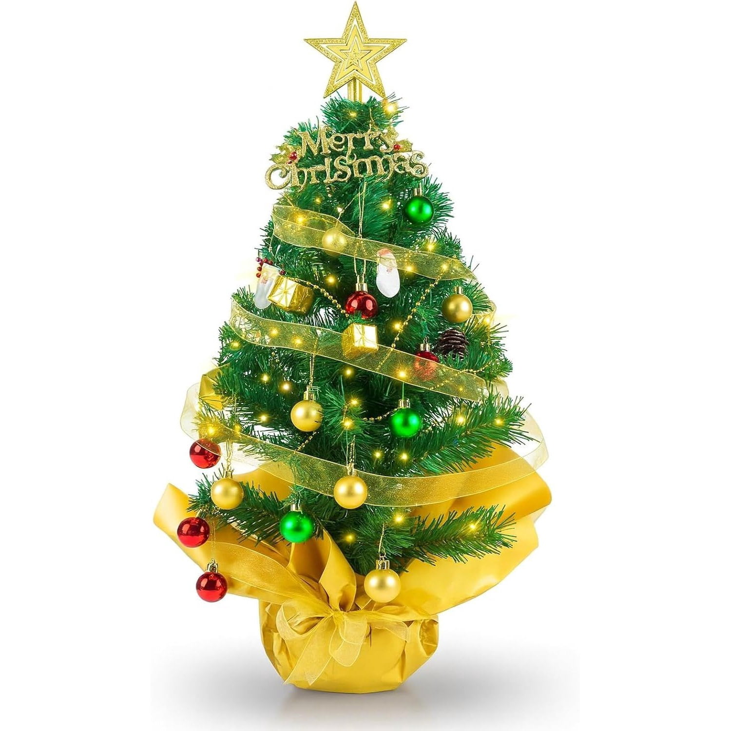 Pre-Lit Mini Christmas Tree with 30 LED Lights, Star Topper, Ornaments and Gift Boxes, 23 in Tabletop Holiday Decor for Desk, Home or Office