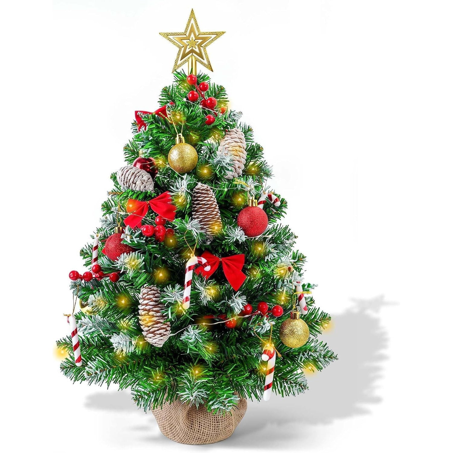 Pre-Lit Mini Christmas Tree with 30 LED Lights, Star Topper, Ornaments and Gift Boxes, 23 in Tabletop Holiday Decoration for Home, Office or Desk