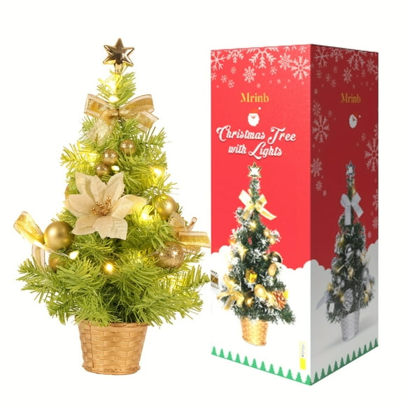 Pre-Lit Mini  Tree, 18" Tabletop Xmas Tree with LED Lights Artificial  Pine Trees with Ornaments,  Holidays Tabletop Desk Decorations