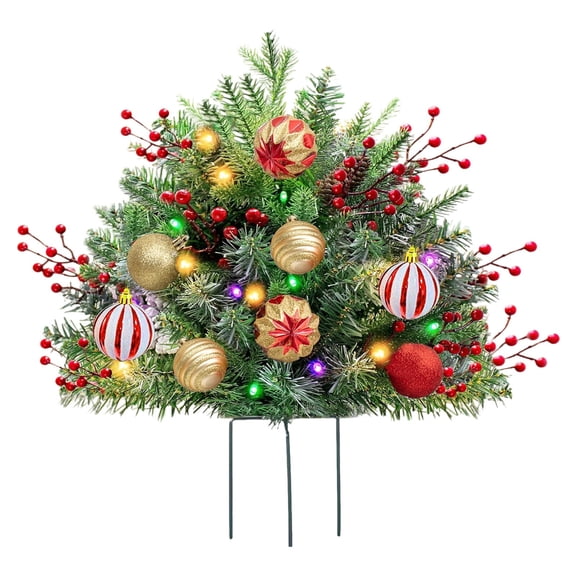 Pre-Lit Outdoor Christmas Tree Urn Filler - 23.6 Inch Artificial Christmas Tree with LED Lights and Tripod Stake for Porch, Yard, and Garden Holiday Decor (Batteries Not Included)