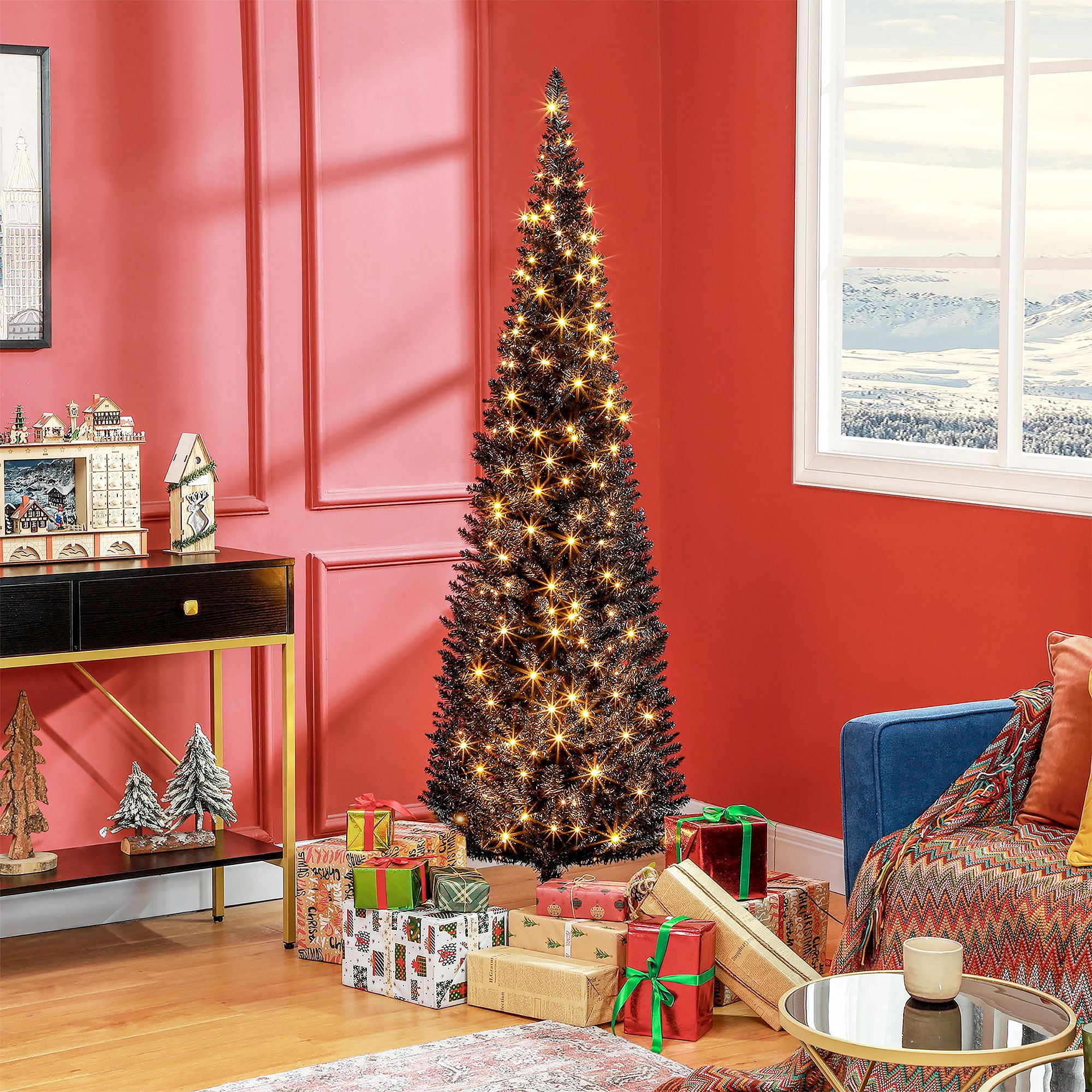 Pre Lit Pencil Christmas Tree, 6 ft Slim Artificial Xmas Tree with Warm White LED Lights, 390 Tips, Flame Retardant Branches, Indoor Holiday Decor for Small Spaces