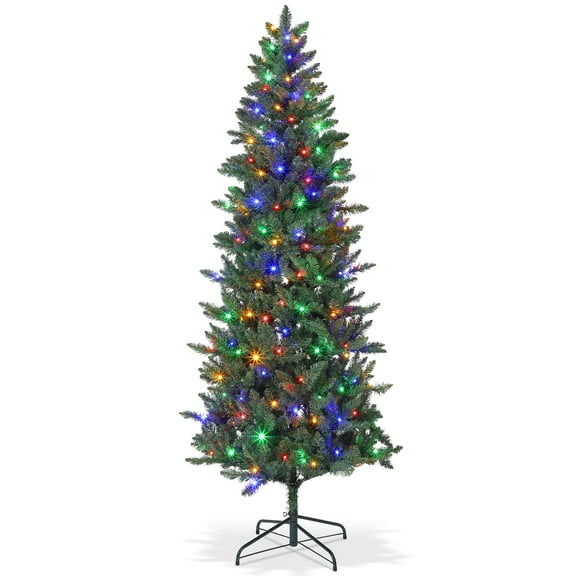 Pre-Lit Pencil Christmas Tree 7.5FT Slim Skinny Artificial Xmas Tree with 120 Colorful LED Lights & Metal Stand for Holiday Decoration Home Office Party