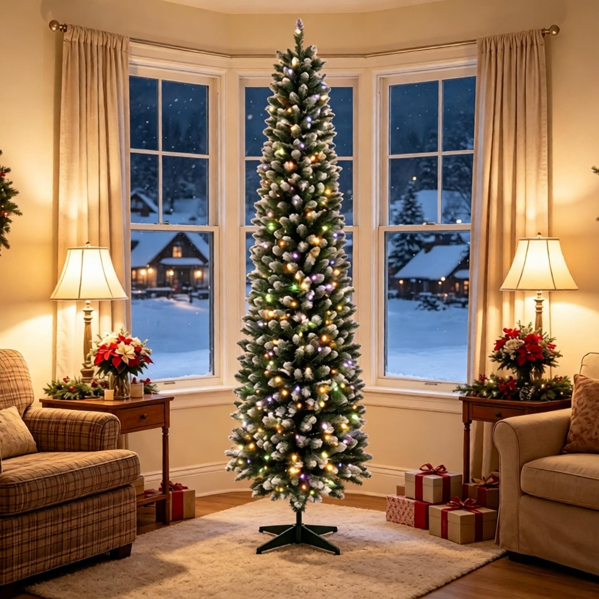 Pre-Lit Pencil Christmas Tree, 8 ft Slim Frosted Fir with 300 Dual-Color LED Lights, 11 Lighting Modes, Remote Control, 445 Branch Tips, PVC and Steel, for Small Rooms and Entryways